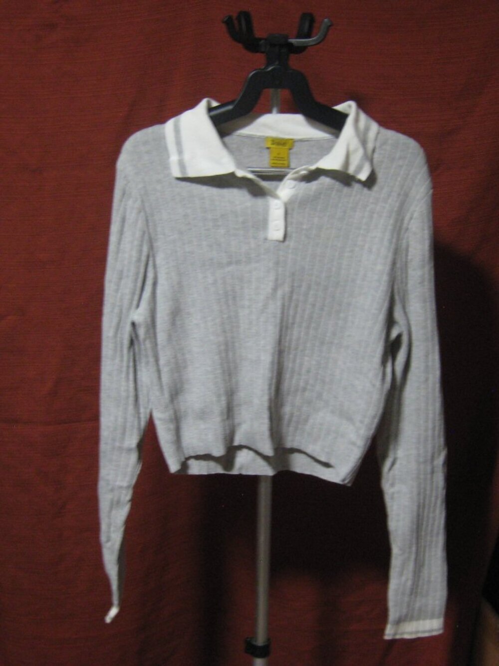 Daisy Ribbed Knit Collared Crop Top Sweater Gray White Polo Size XL